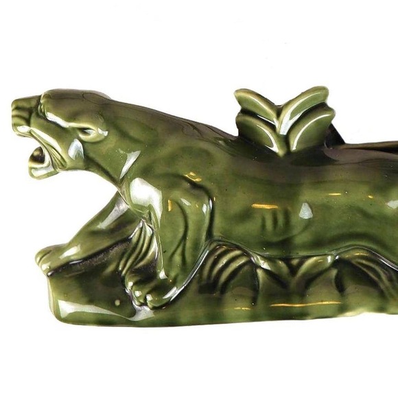 The Unbranded Brand Other - Vintage Green Panther Lamp MCM Ceramic Cougar Planter/Lamp